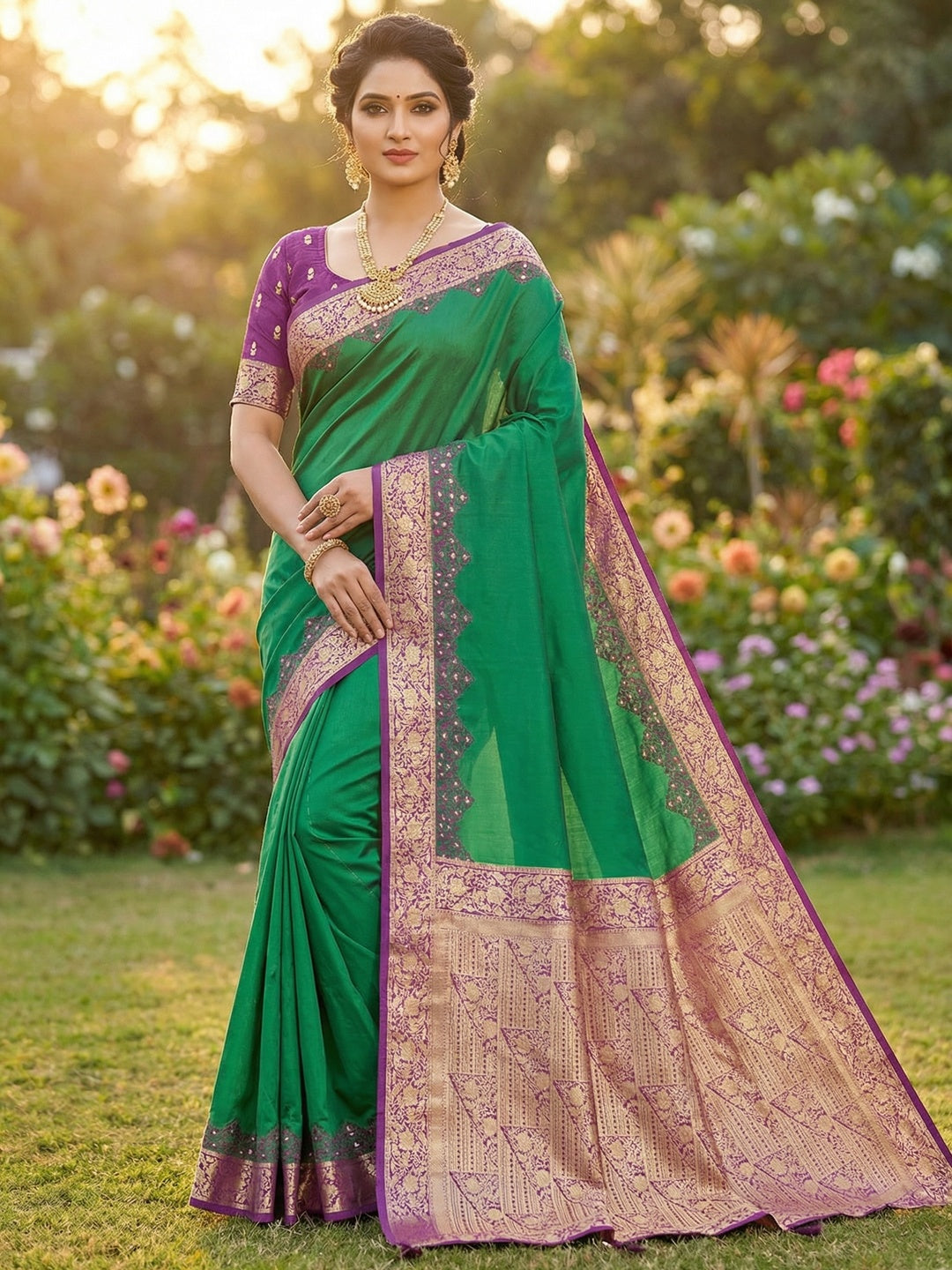 Green Pure Silk Saree with Intricate Woven Border and Comfortable Stitched Blouse Included - Image 1