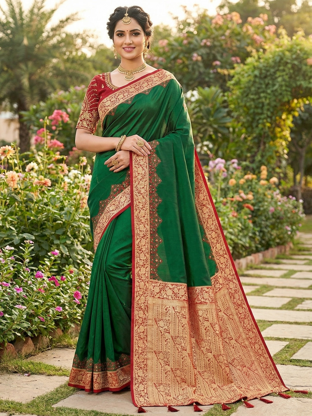 Dark Green Pure Silk Saree with Intricate Woven Border and Comfortable Stitched Blouse Included - Image 1