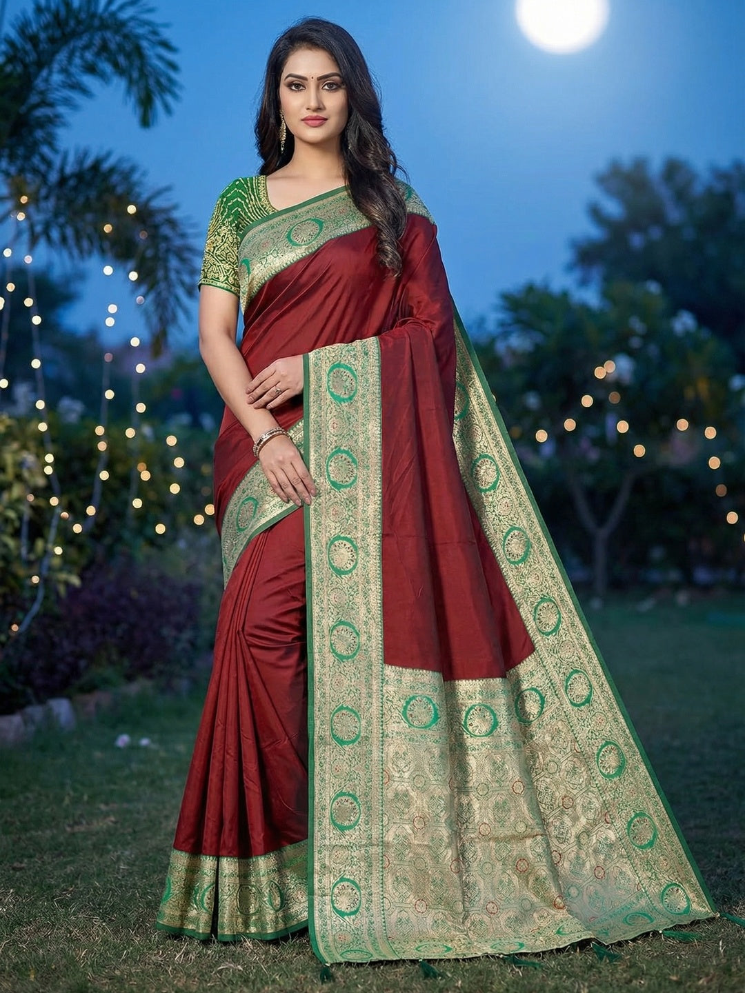 Maroon Pure Silk Saree with Fine Woven Border and Ready Made Stitched Blouse - Image 1