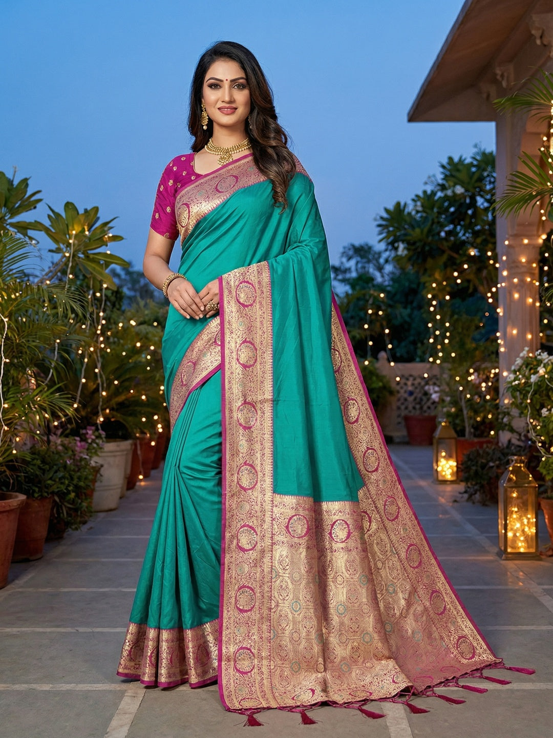 Turquoise Pure Silk Saree with Fine Woven Border and Ready Made Stitched Blouse - Image 1