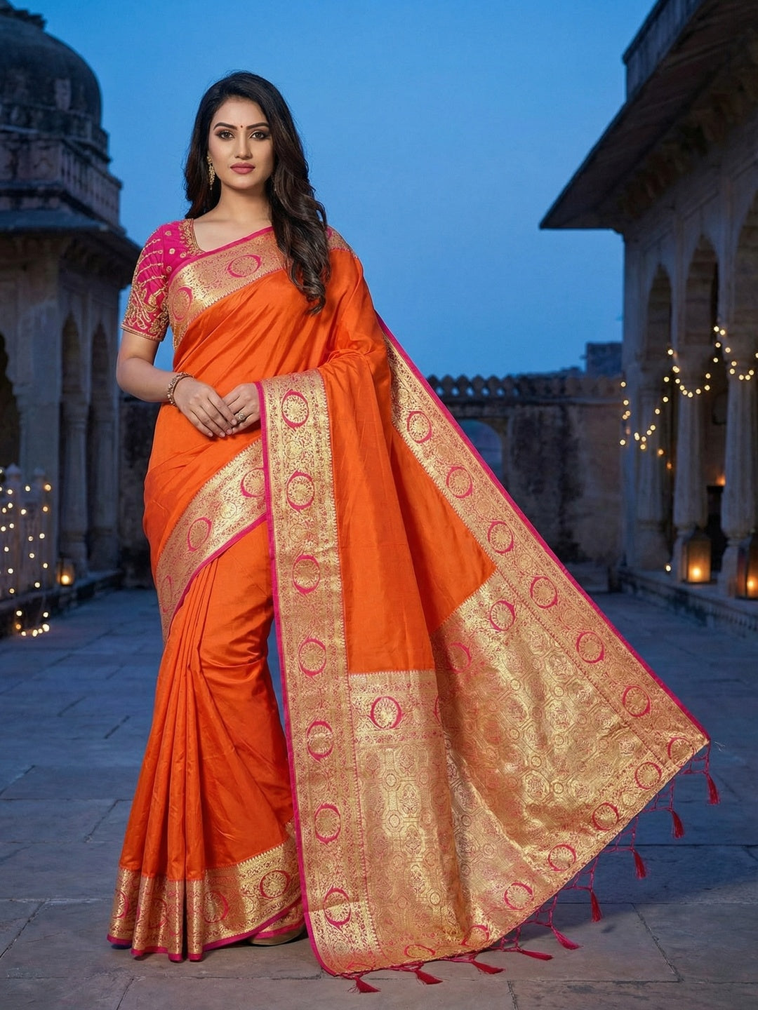 Orange Pure Silk Saree with Fine Woven Border and Ready Made Stitched Blouse - Image 1