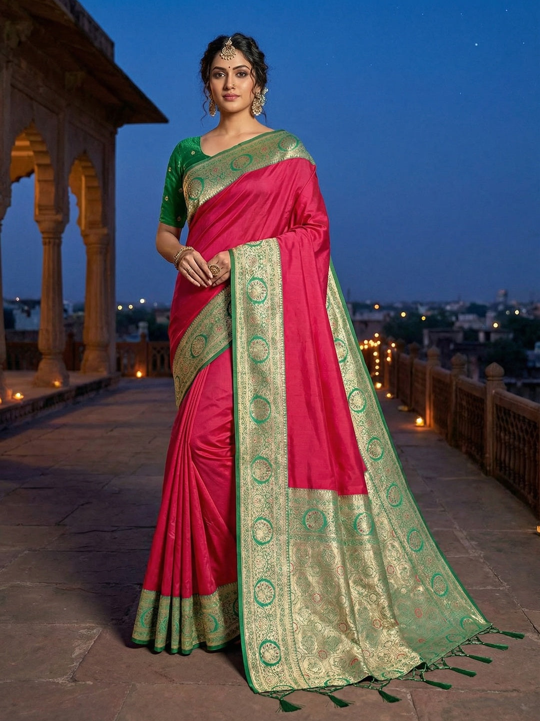 Pink Pure Silk Saree with Fine Woven Border and Ready Made Stitched Blouse - Image 1