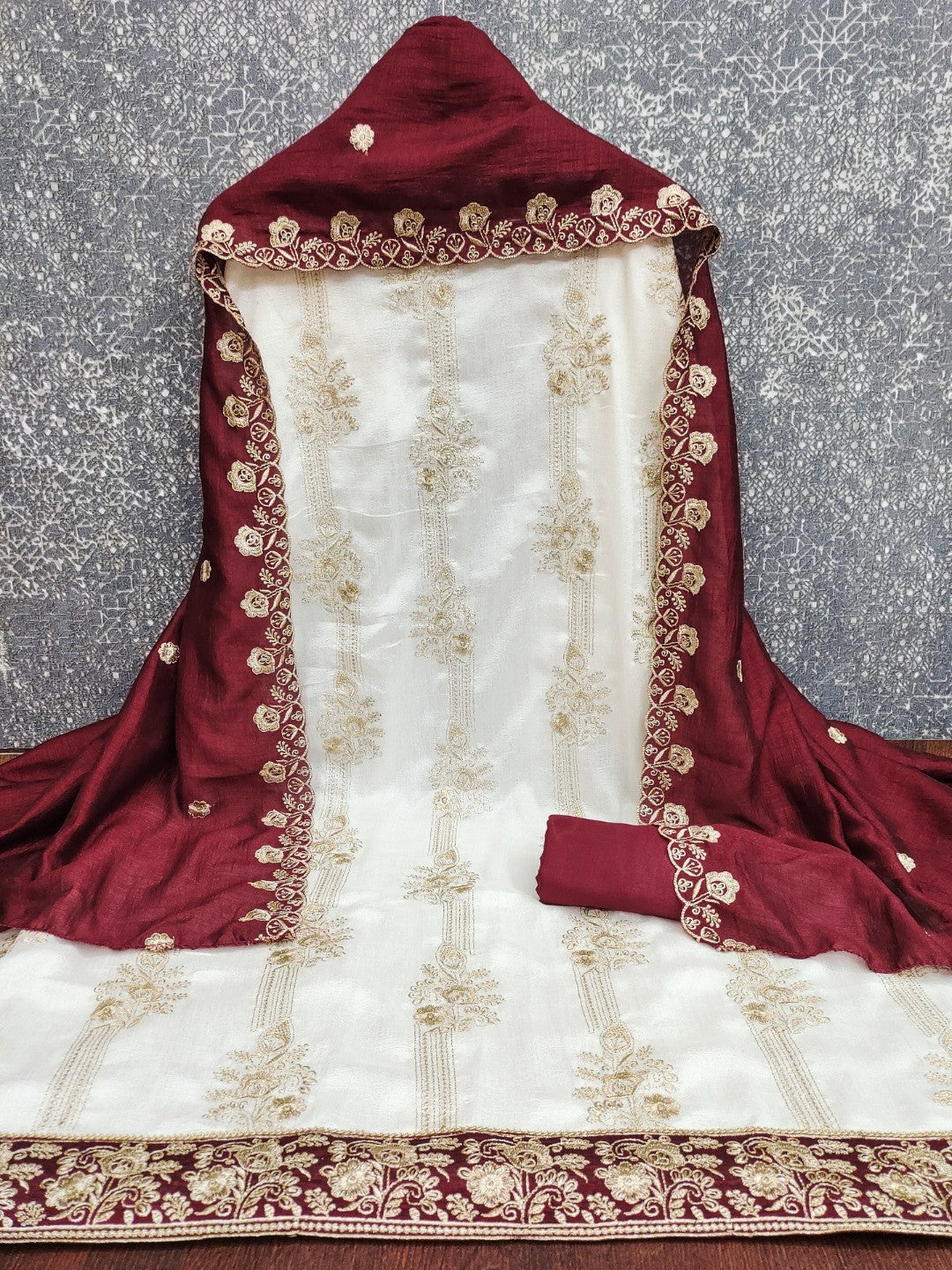 White & Maroon Vichitra Silk Dress Material with Fine Embroidery - Image 5
