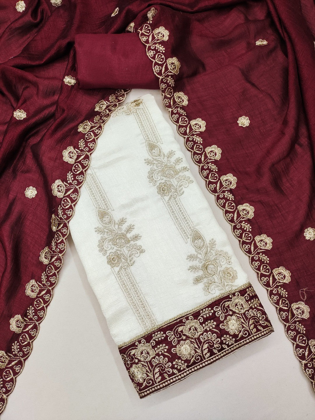 White & Maroon Vichitra Silk Dress Material with Fine Embroidery - Image 3