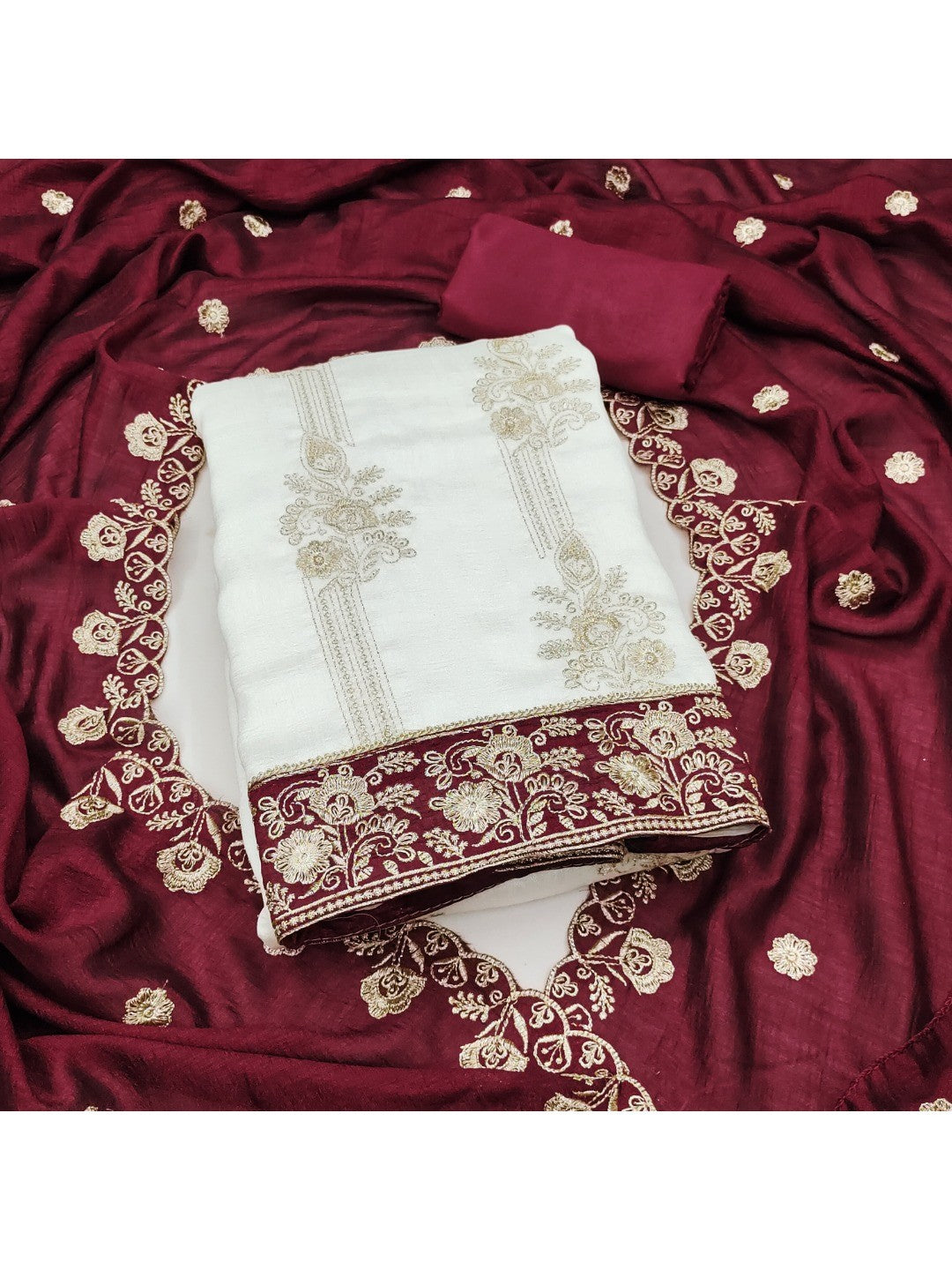 White & Maroon Vichitra Silk Dress Material with Fine Embroidery - Image 1