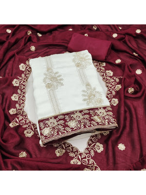 White & Maroon Vichitra Silk Dress Material with Fine Embroidery - Image 1