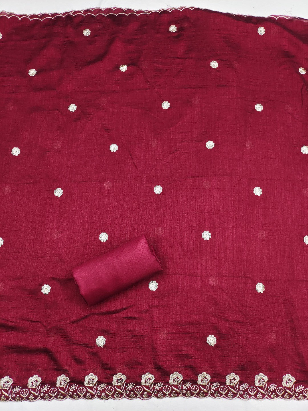 White & Maroon Vichitra Silk Dress Material with Fine Embroidery - Image 4
