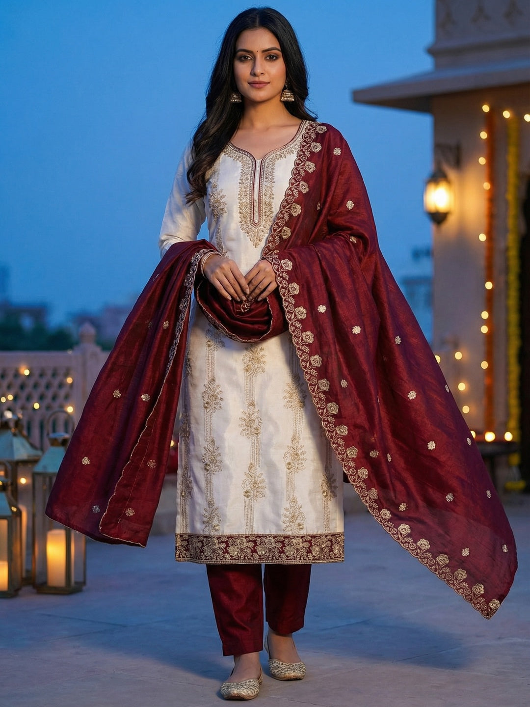 White & Maroon Vichitra Silk Dress Material with Fine Embroidery - Image 2