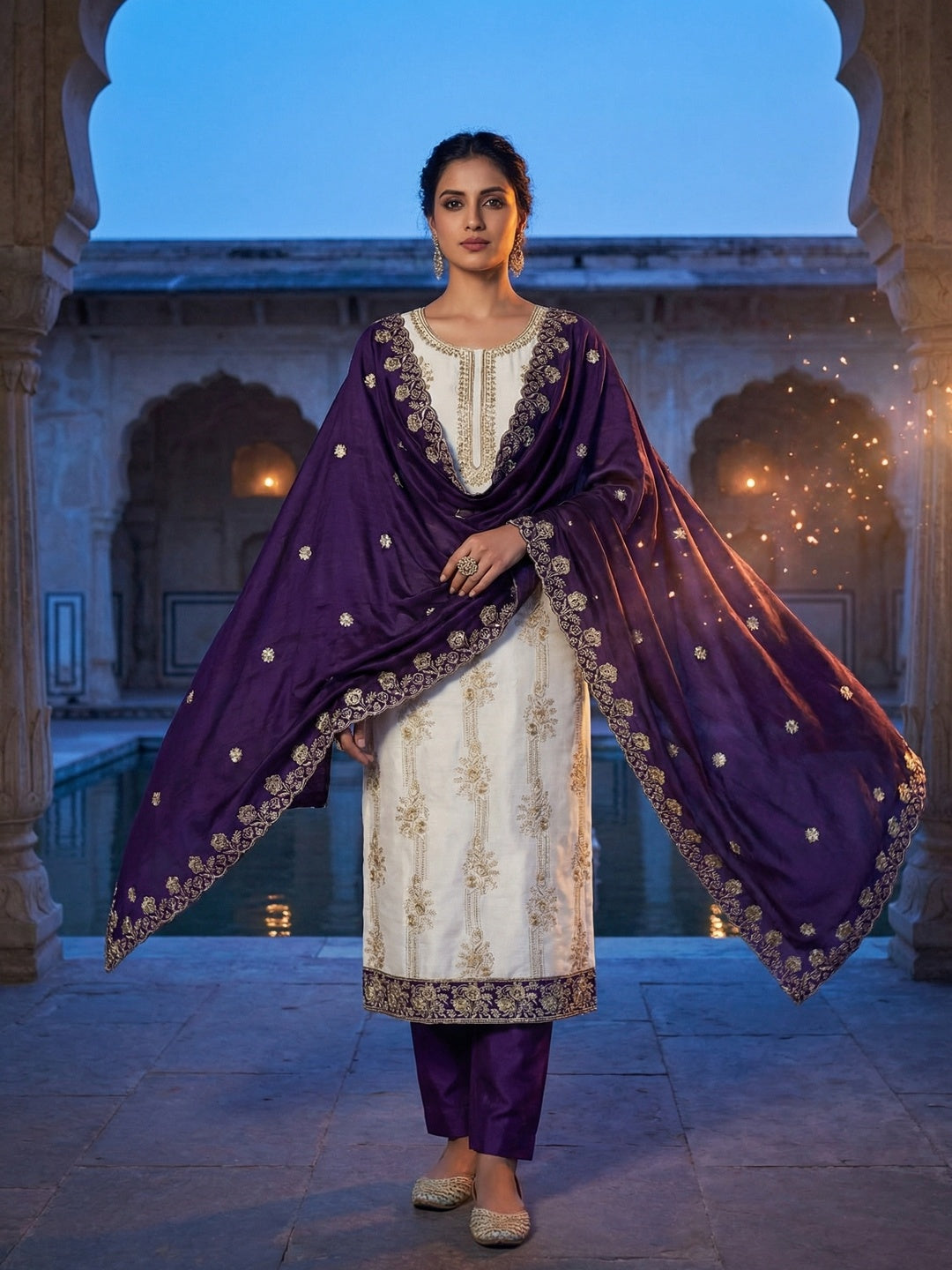 White & Violet Vichitra Silk Dress Material with Fine Embroidery - Image 1