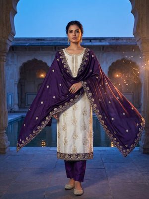 White & Violet Vichitra Silk Dress Material with Fine Embroidery - Image 2