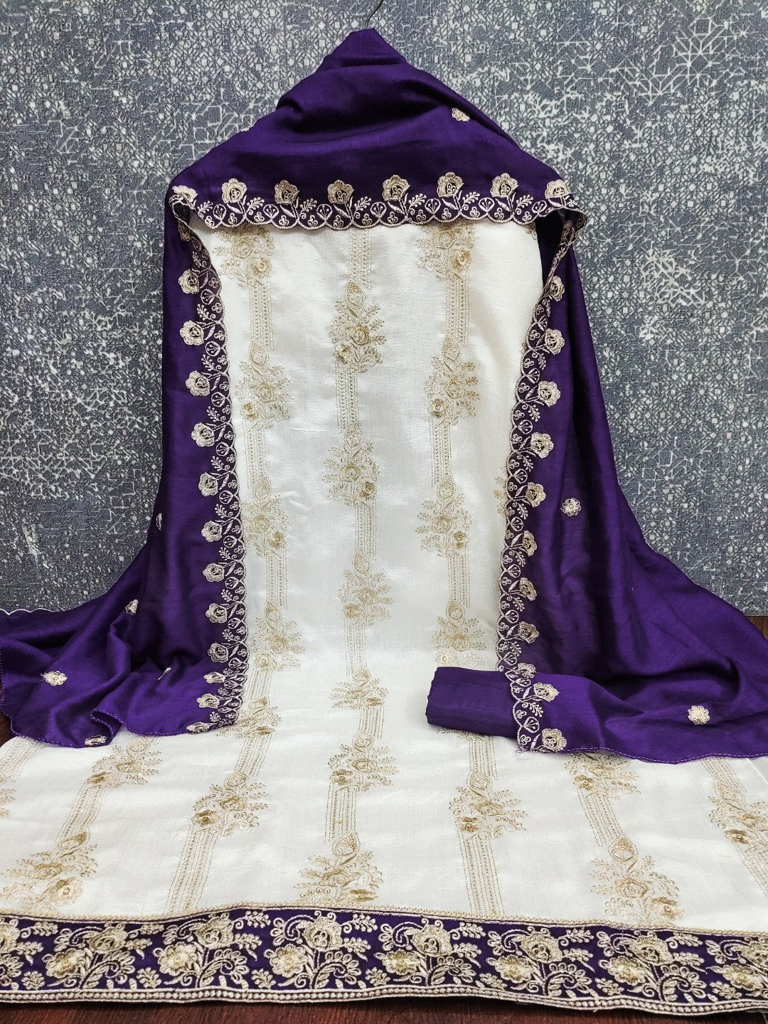White & Violet Vichitra Silk Dress Material with Fine Embroidery - Image 3