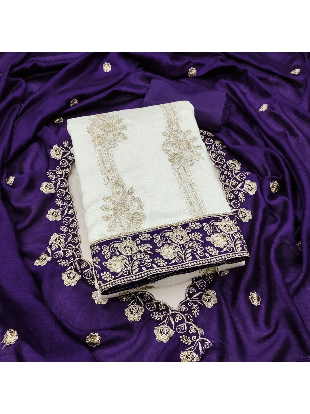White & Violet Vichitra Silk Dress Material with Fine Embroidery - Image 1