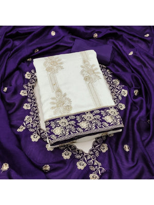 White & Violet Vichitra Silk Dress Material with Fine Embroidery - Image 1
