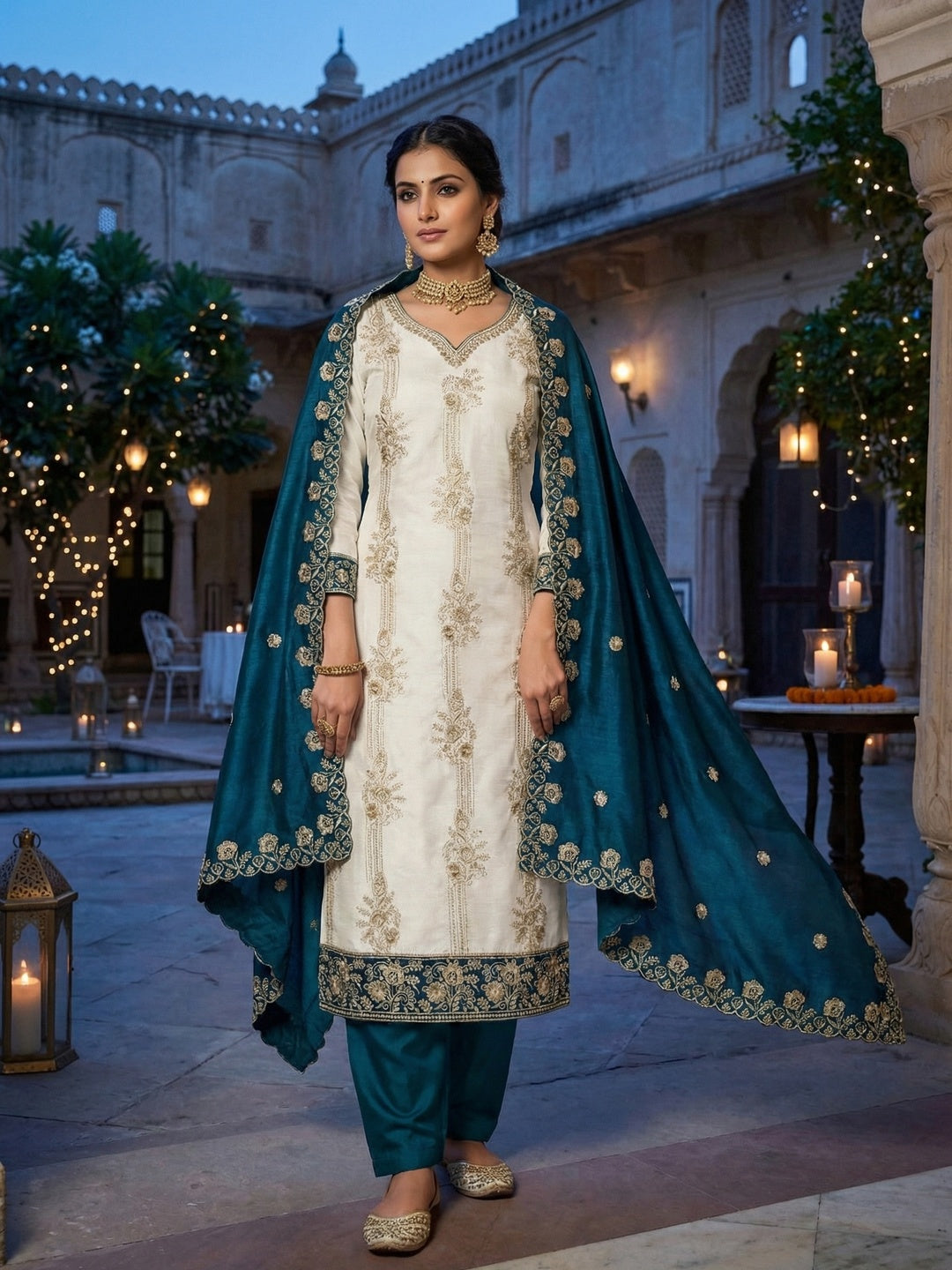 Elegant White Vichitra Silk Dress Material with Embroidery & Teal Dupatta - Image 2