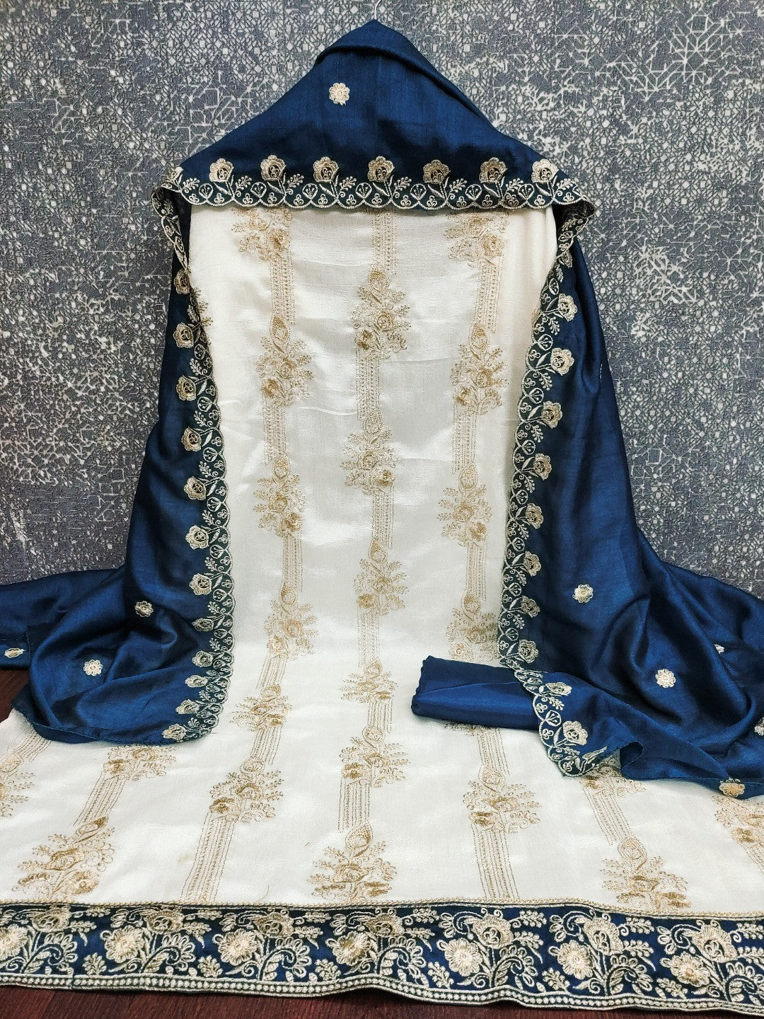 Elegant White Vichitra Silk Dress Material with Embroidery & Teal Dupatta - Image 5