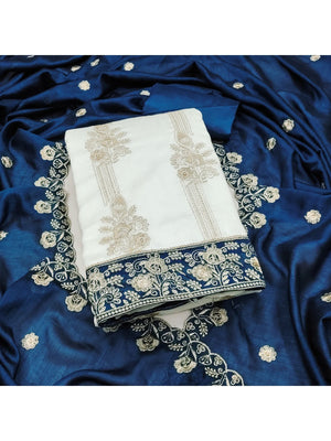 Elegant White Vichitra Silk Dress Material with Embroidery & Teal Dupatta - Image 1