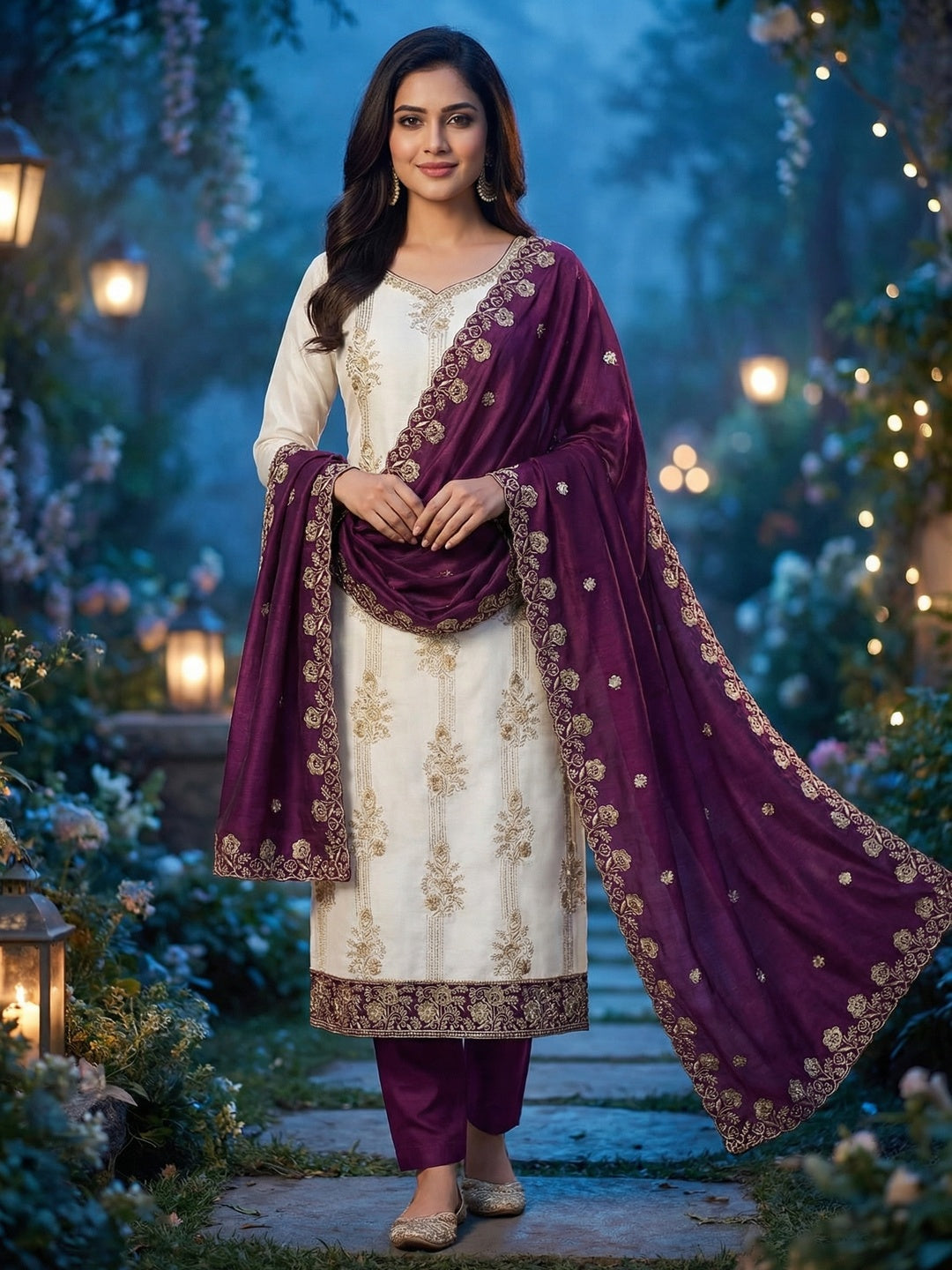 Elegant White Vichitra Silk Dress Material with Embroidery & Purple Dupatta - Image 2