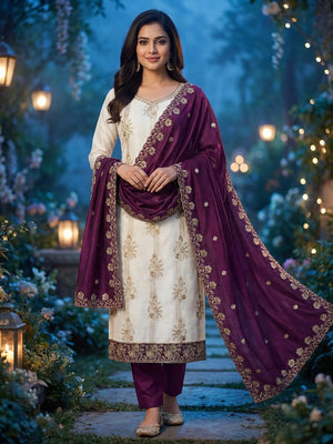 Elegant White Vichitra Silk Dress Material with Embroidery & Purple Dupatta - Image 2