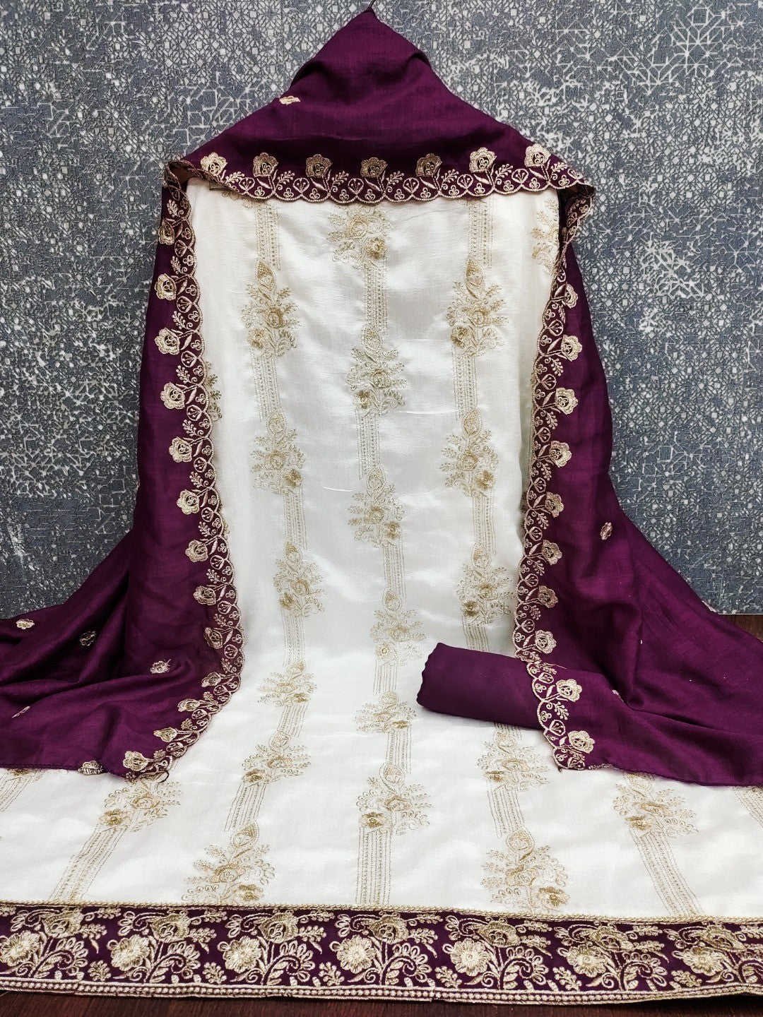 Elegant White Vichitra Silk Dress Material with Embroidery & Purple Dupatta - Image 3