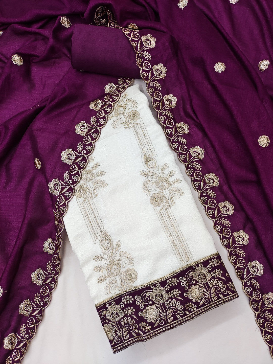 Elegant White Vichitra Silk Dress Material with Embroidery & Purple Dupatta - Image 3