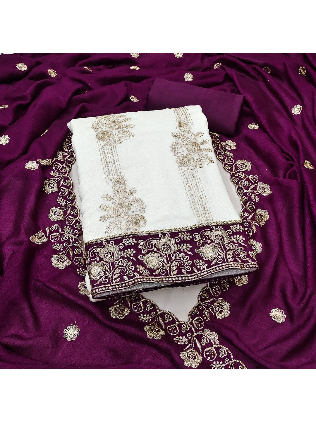 Elegant White Vichitra Silk Dress Material with Embroidery & Purple Dupatta - Image 1