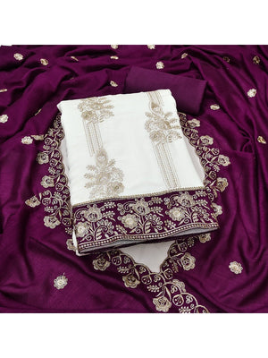 Elegant White Vichitra Silk Dress Material with Embroidery & Purple Dupatta - Image 1