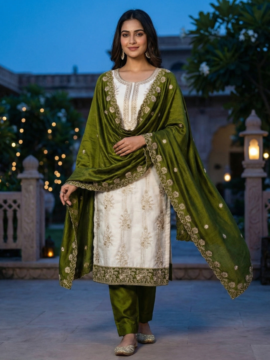 Elegant White Vichitra Silk Dress Material with Embroidery & Green Dupatta - Image 2