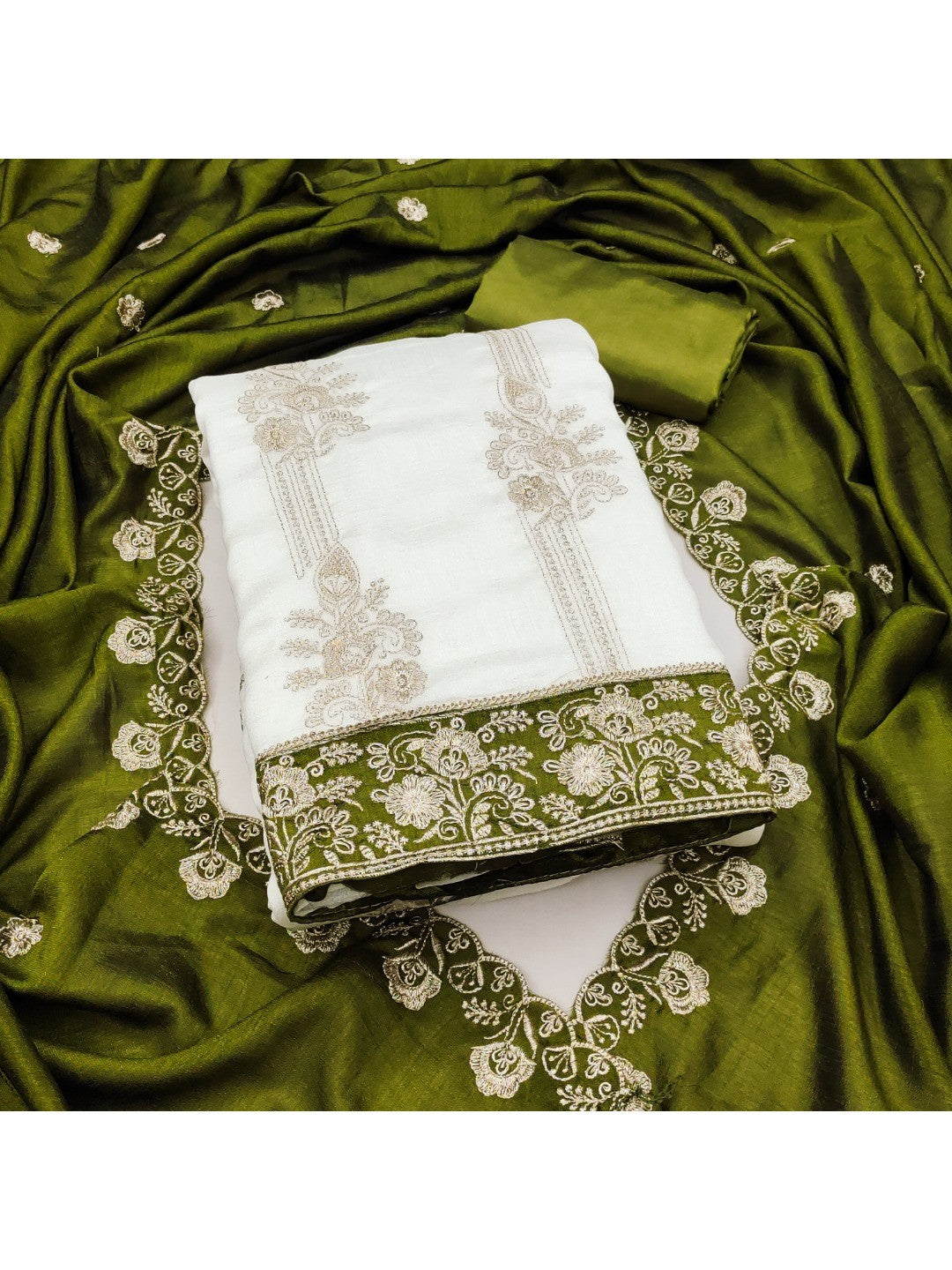 Elegant White Vichitra Silk Dress Material with Embroidery & Green Dupatta - Image 1