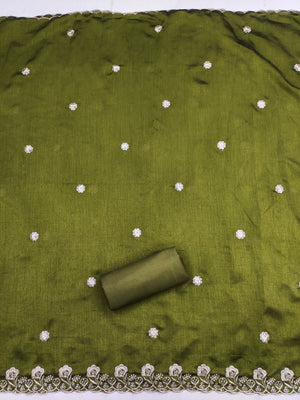 Elegant White Vichitra Silk Dress Material with Embroidery & Green Dupatta - Image 2
