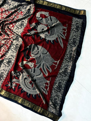Elegant Red & Black Mulmul Cotton Saree with Kalamkari Peacock Motif Border - Image 2