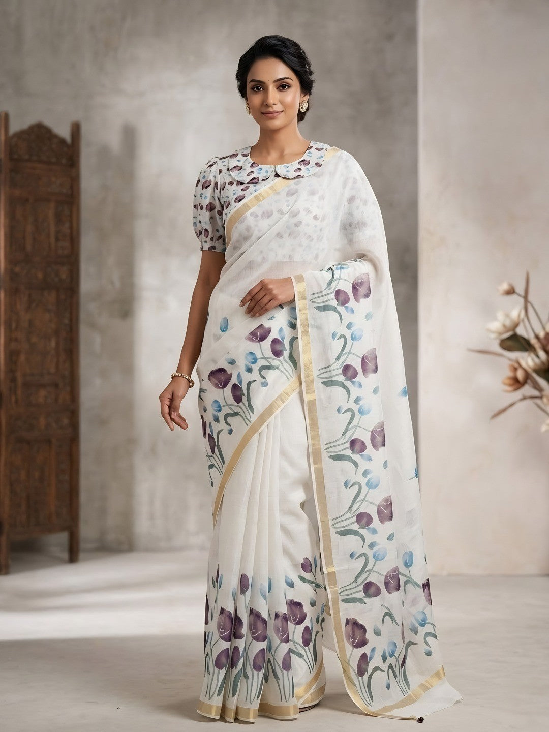 Elegant White Linen Saree with Floral Print and Designer Blouse - Image 1
