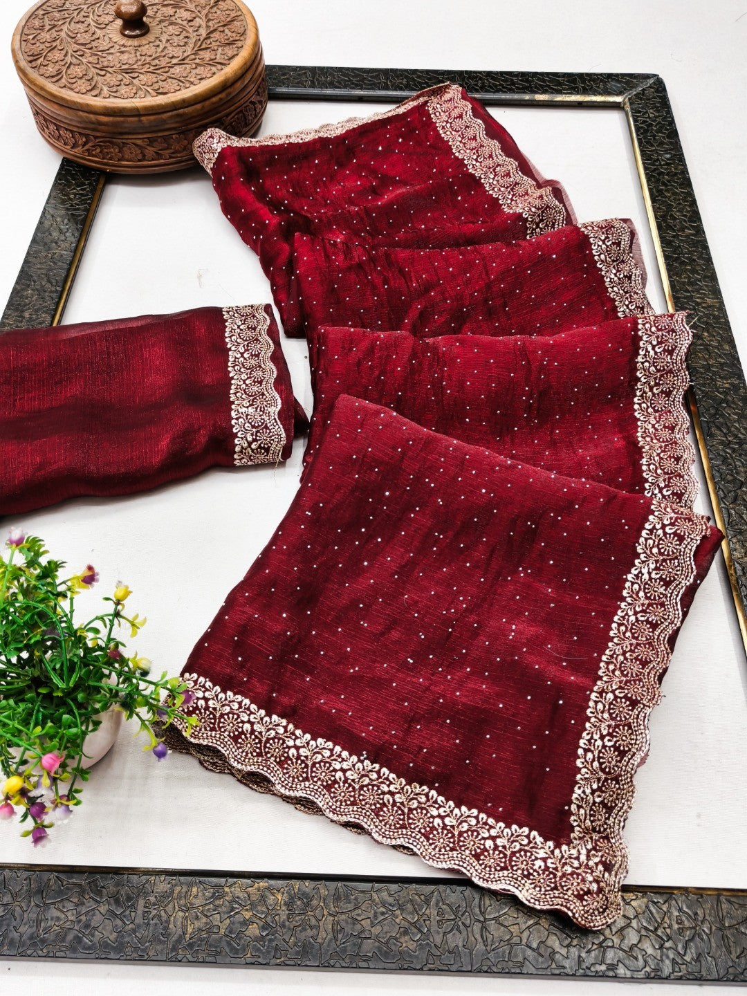 Maroon Chiffon Saree with Delicate Lace Border and Embellishments - Image 2