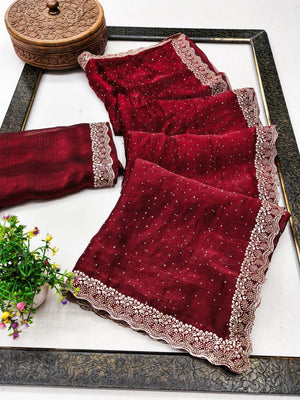 Maroon Chiffon Saree with Delicate Lace Border and Embellishments - Image 2