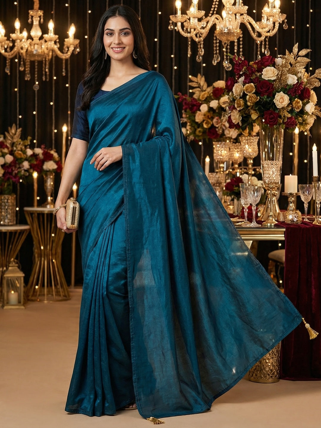Elegant Teal Solid Silk Blend Saree for Festive and Party Wear - Image 1