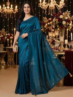 Elegant Teal Solid Silk Blend Saree for Festive and Party Wear - Image 1