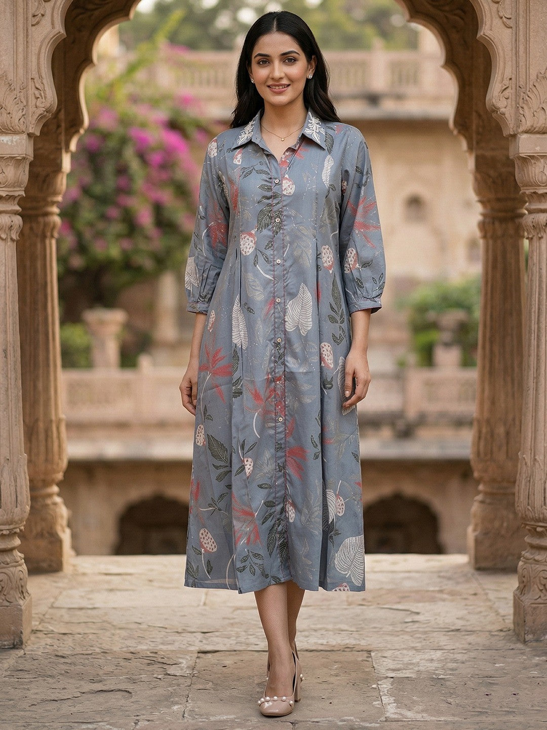 Lightweight Dusty Blue Floral Printed Viscose Dress with Collared Neck for Summer Wear - Image 1