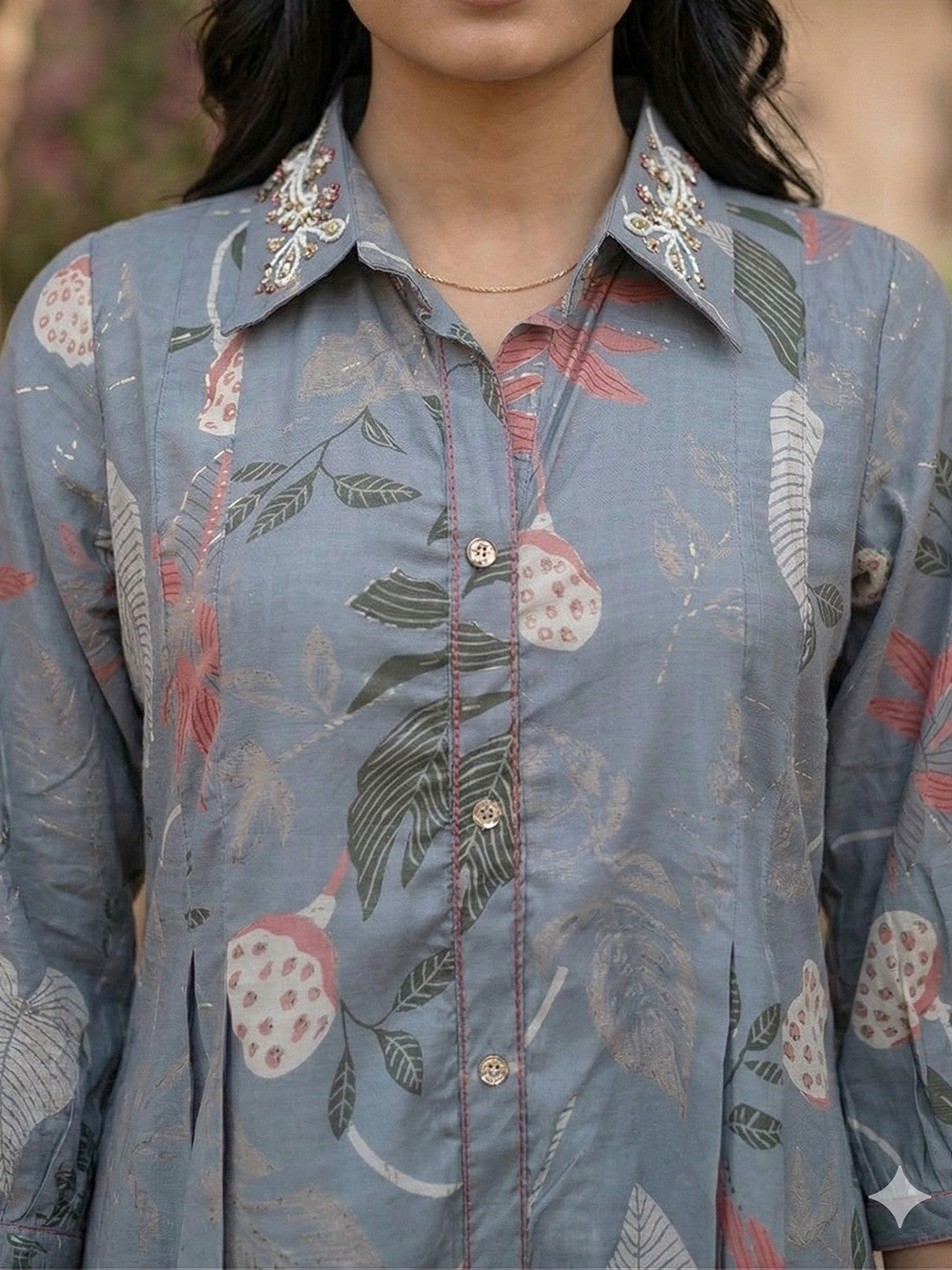 Lightweight Dusty Blue Floral Printed Viscose Dress with Collared Neck for Summer Wear - Image 2