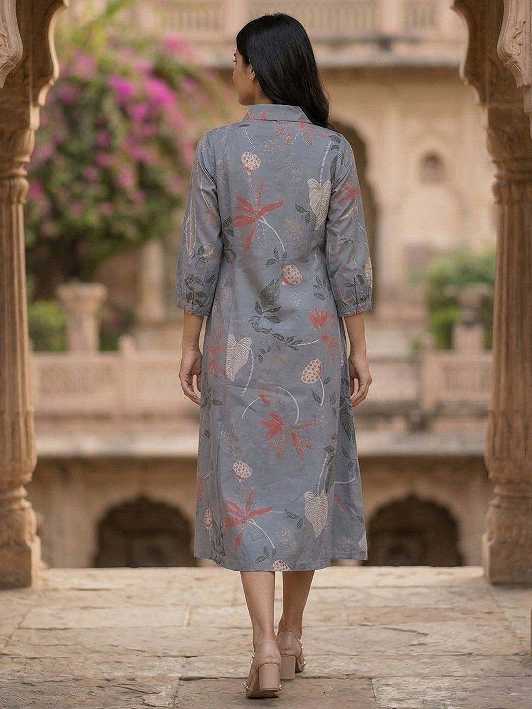 Lightweight Dusty Blue Floral Printed Viscose Dress with Collared Neck for Summer Wear - Image 3