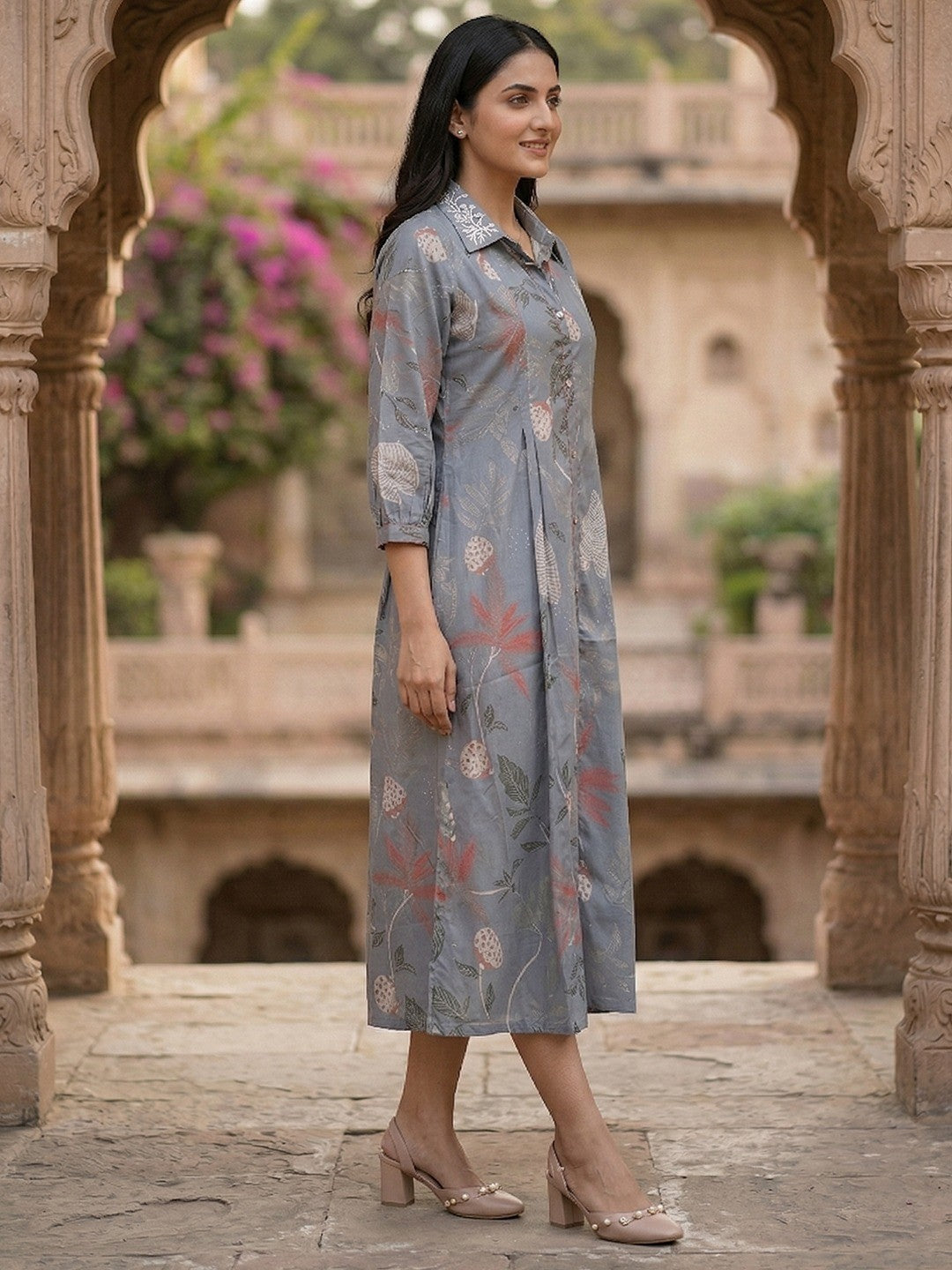 Lightweight Dusty Blue Floral Printed Viscose Dress with Collared Neck for Summer Wear - Image 4