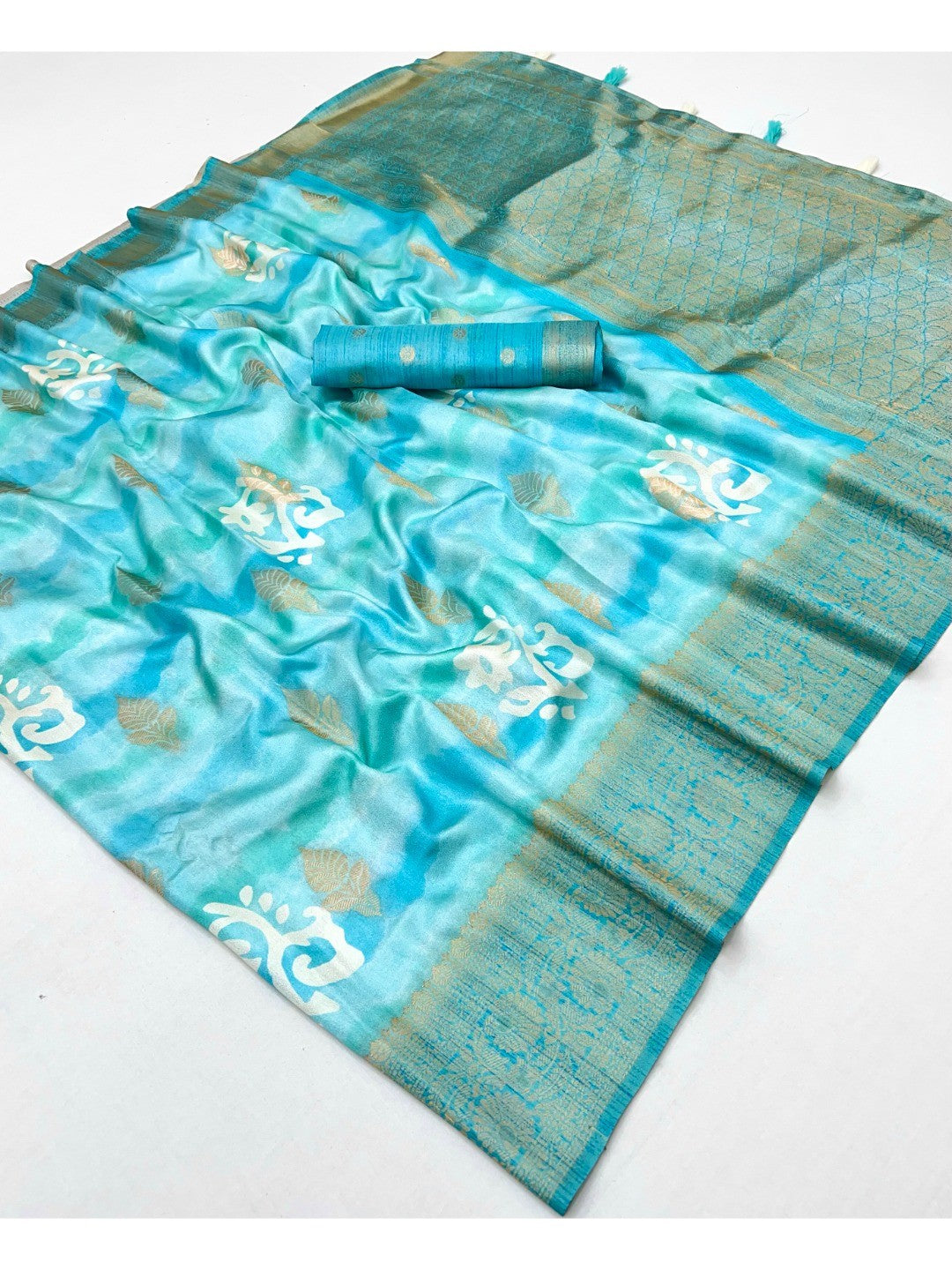 Rama Blue Bemberg Saree with Digital Print and Rich Pallu - Image 3