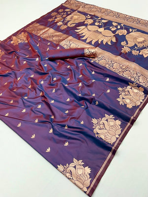 Graceful Purple Lotus Design Art Silk Saree Adorned With Rich Zari Weaving Work - Image 1