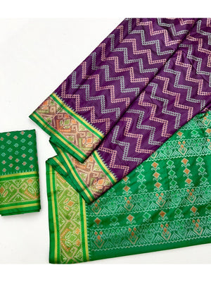Elegant Purple Art Silk Saree with Chevron Print and Green Border - Image 2