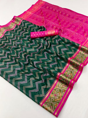 Green Art Silk Saree with Rich Pallu & Designer Jacquard Blouse - Image 2