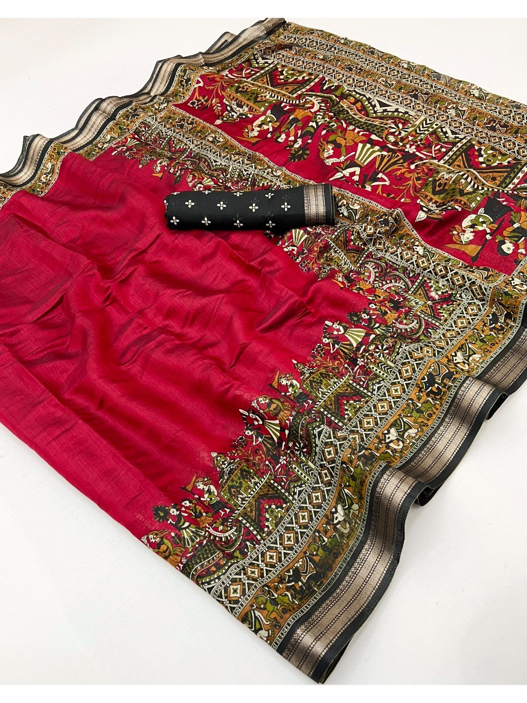 Red Viscose Saree with Kalamkari Print and Jari Border and Fine Finish - Image 2