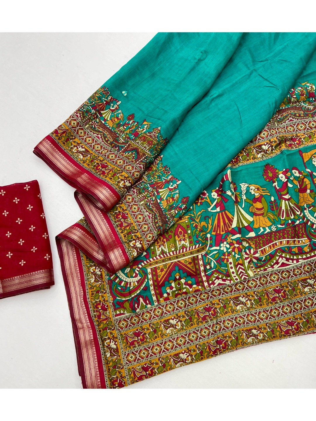 Teal Viscose Saree with Kalamkari Print and Jari Border and Fine Finish - Image 2