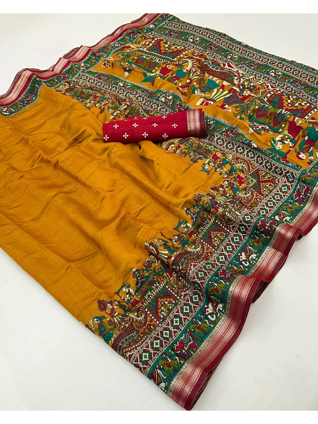 Mustard Viscose Saree with Kalamkari Print and Jari Border and Fine Finish - Image 3