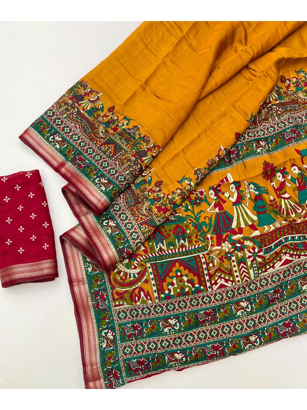 Mustard Viscose Saree with Kalamkari Print and Jari Border and Fine Finish - Image 2