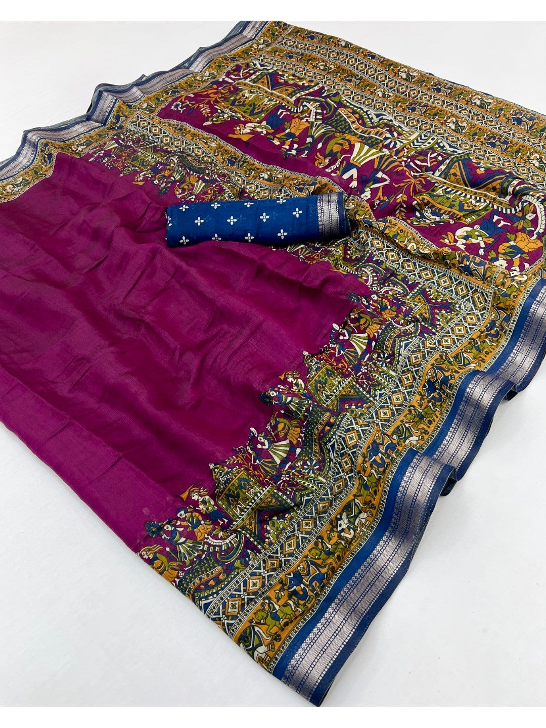Purple Viscose Saree with Kalamkari Print and Jari Border and Fine Finish - Image 2