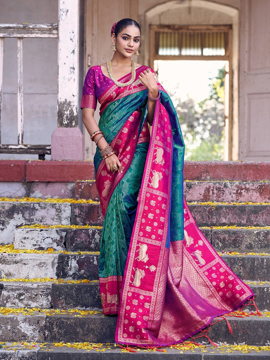 Premium Teal Green Geometric & Animal Motif Weaving Saree With Decorative Tassel Pallu - Image 1