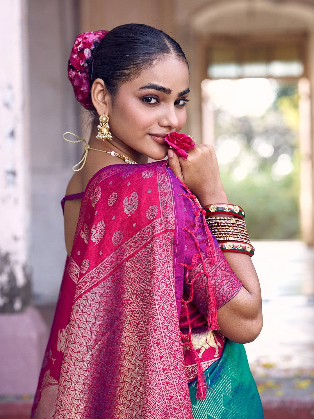 Premium Teal Green Geometric & Animal Motif Weaving Saree With Decorative Tassel Pallu - Image 2